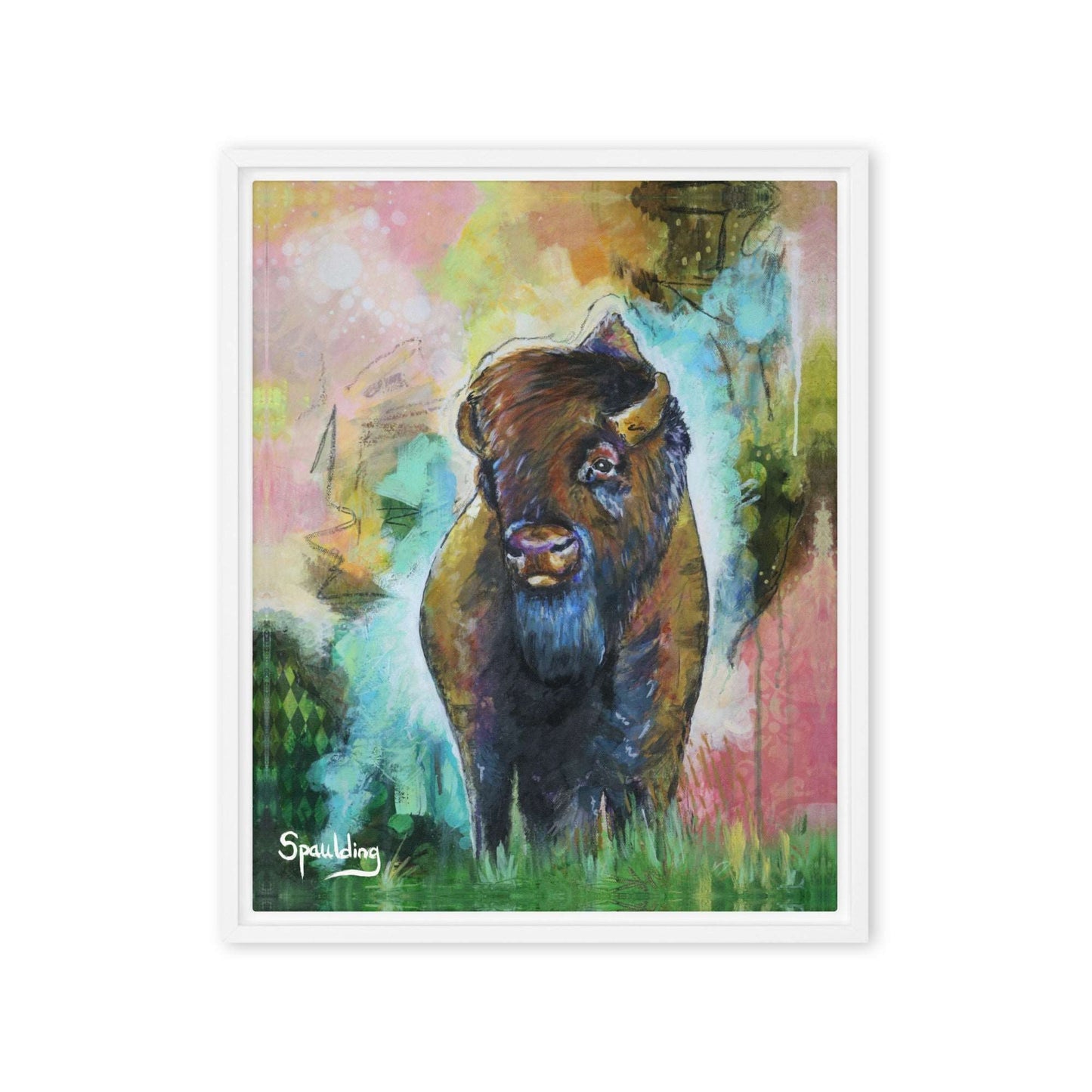 Framed canvas print with a bison standing in grass with a pink, yellow, green, teal color scheme background.