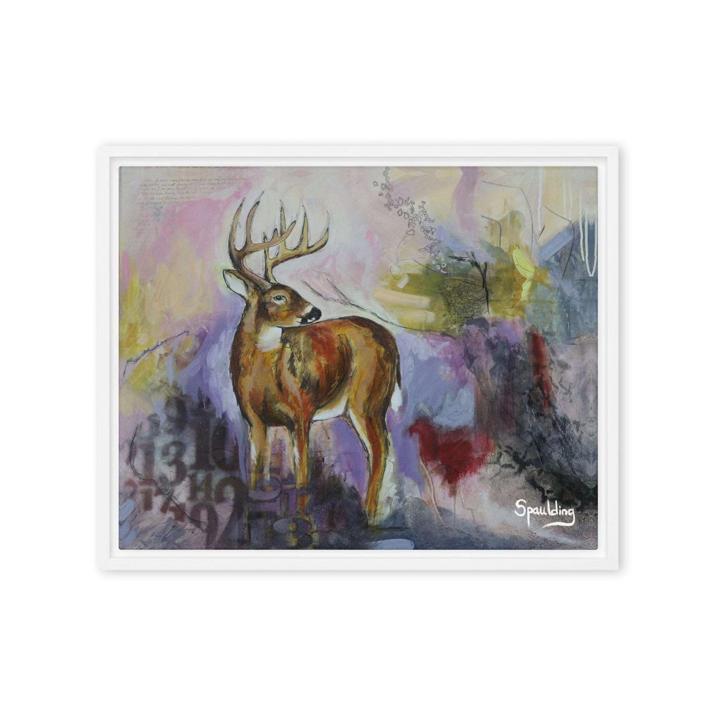 Framed canvas print of whitetail deer with a color scheme of pinks, muted purples and yellow and black.