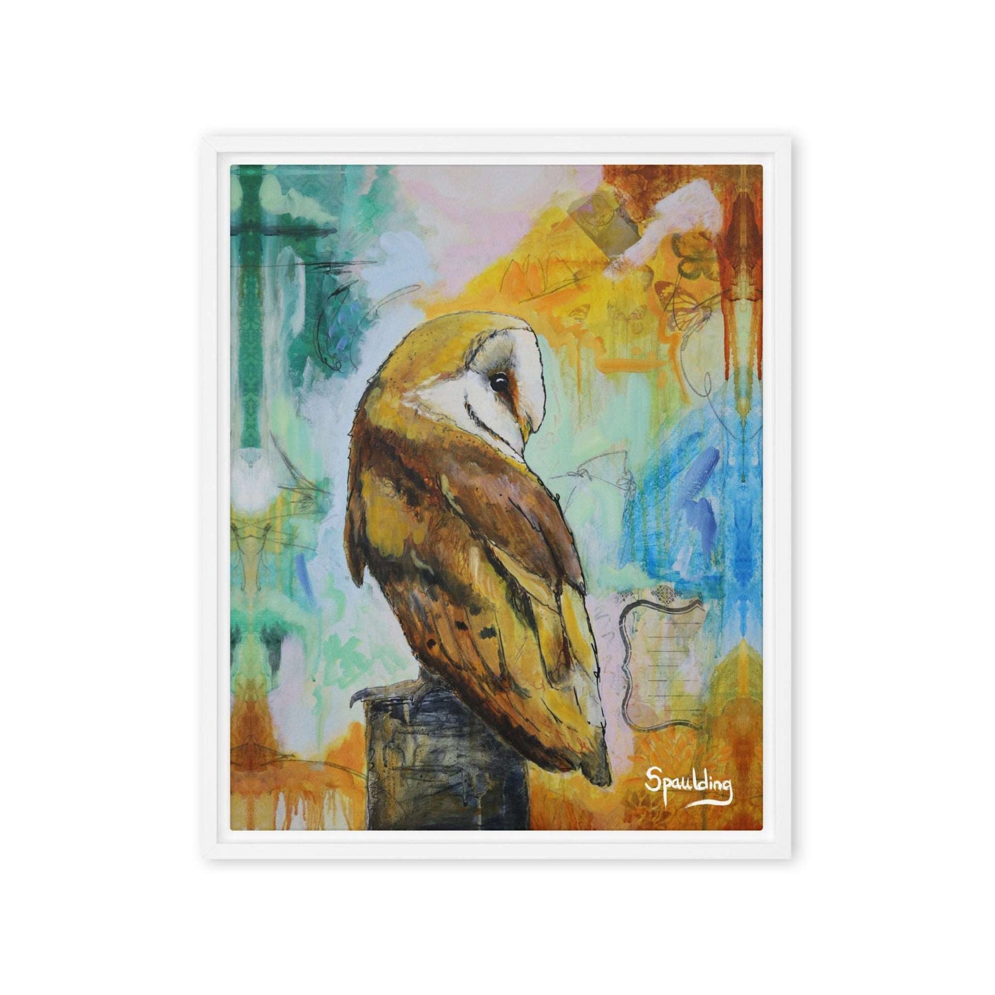 Framed canvas print of a barn owl on a tree stump with a background of teal, orange, blue and pinks.