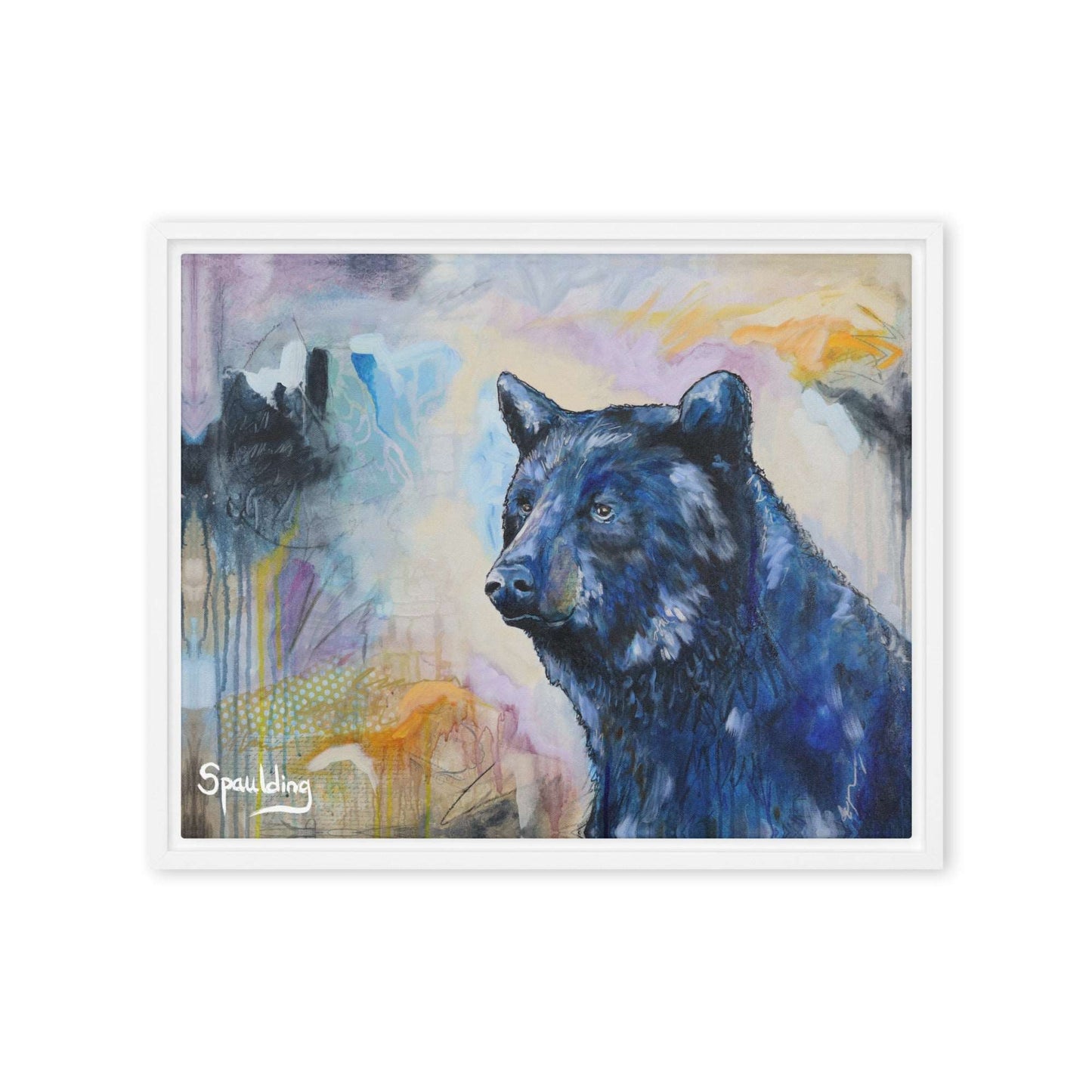 Framed Canvas print black bear in the corner looking out  color palette of blues, greys, oranges and black.