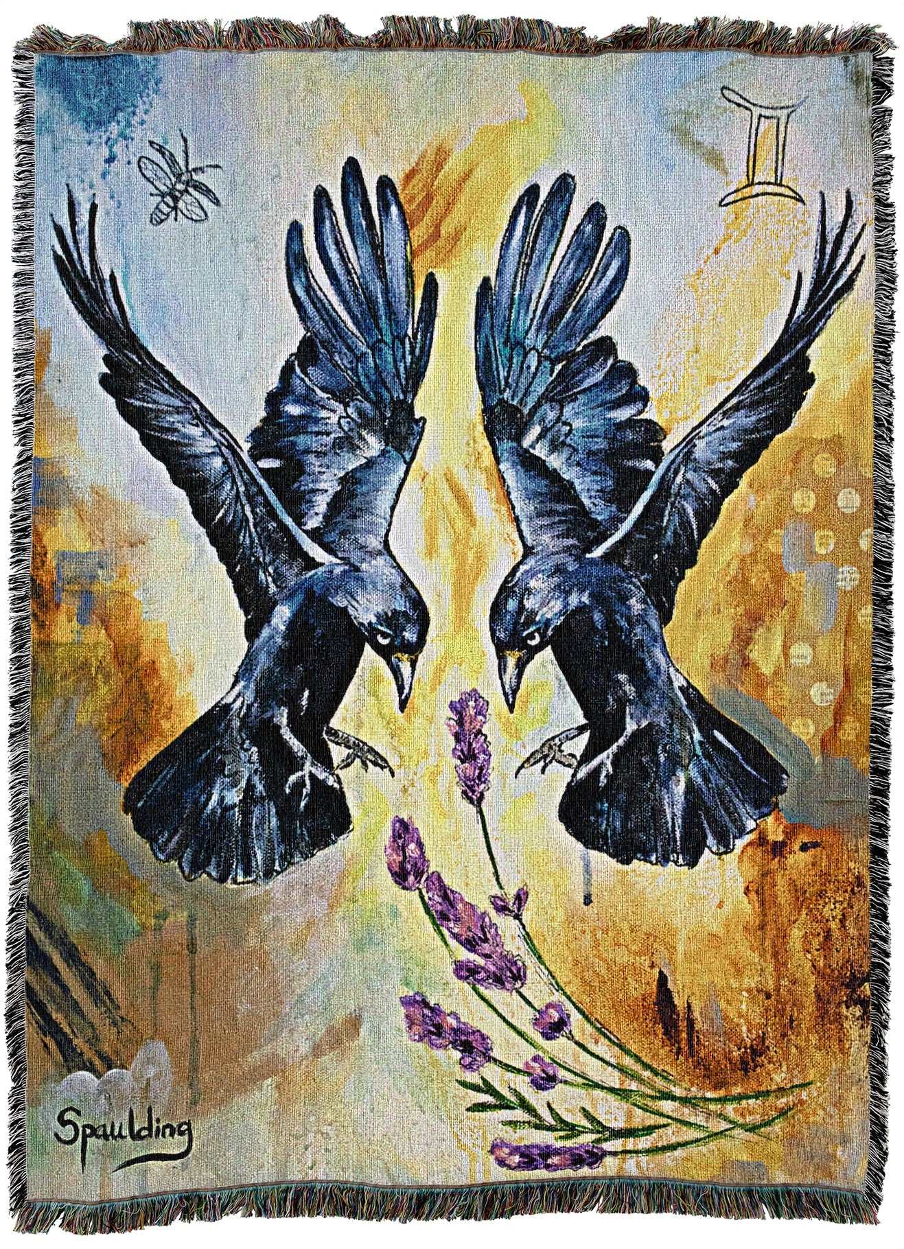 Two black crows with outstretched wings face each other over purple lavender flowers. A butterfly and the Gemini symbol are in the background with warm tones.