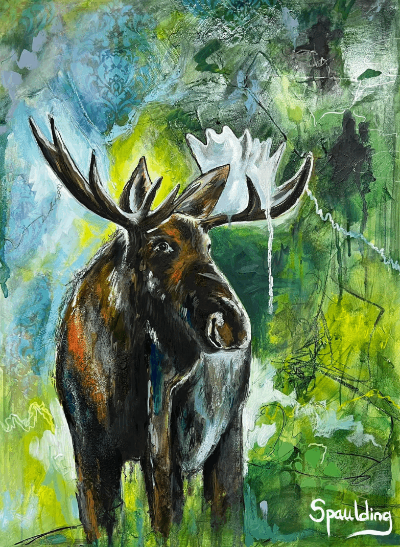 Abstract painting of a moose with large antlers in a vibrant forest. The backdrop is a blend of blue, green, and yellow hues, creating a lively, natural scene.