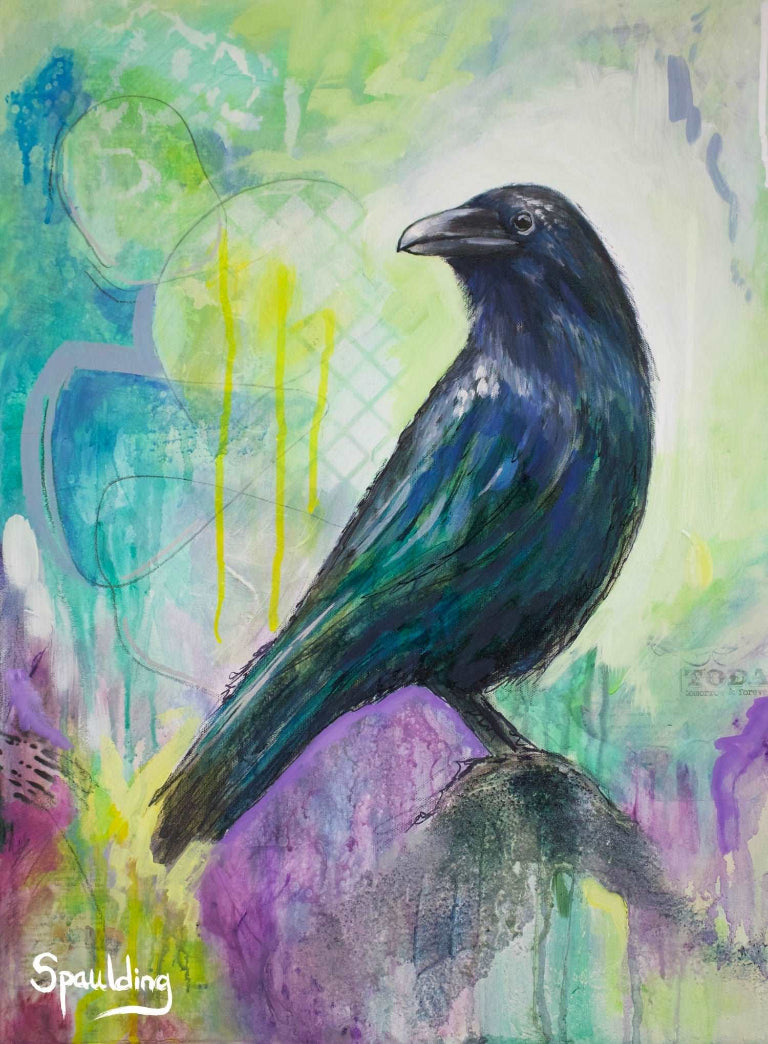A vibrant painting of a black crow perched on a colorful abstract background. The scene blends blues, greens, purples, and yellows in a whimsical style.