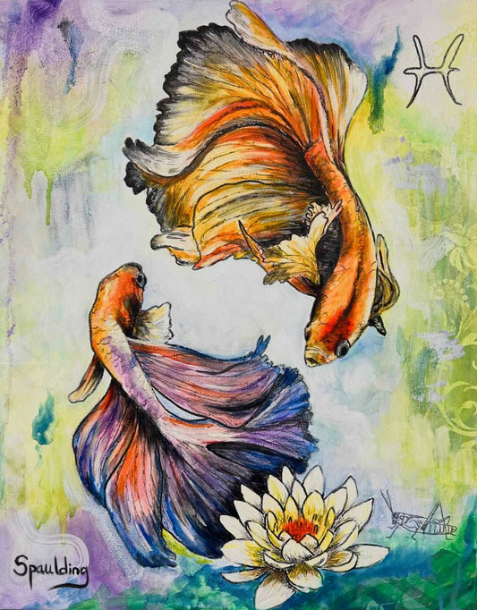 Original painting: Pisces symbolism with two orange, yellow, purple beta fish, white water lily, grasshopper. Purples, yellows, blues background.
