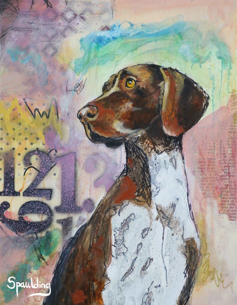 Artistic portrayal of a brown and white dog gazing sideways. The background is a vibrant mix of abstract patterns, numbers, and colors, adding a whimsical tone.