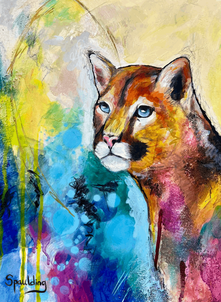 Abstract painting of a cougar with vivid orange and red fur, set against a colorful background of blues, yellows, and purples. The mood is vibrant and dynamic.