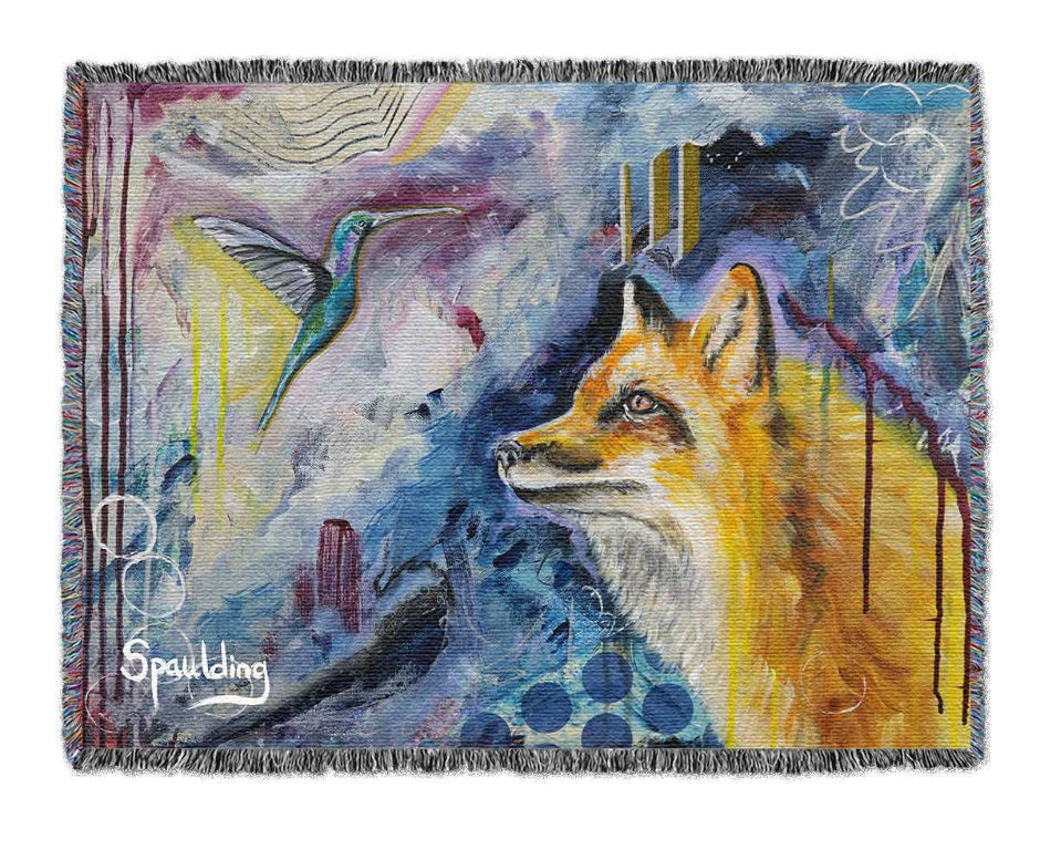 A vibrant, surreal painting features a fox gazing at a hovering hummingbird. The backdrop blends blues and purples with abstract shapes, evoking a dreamlike atmosphere.