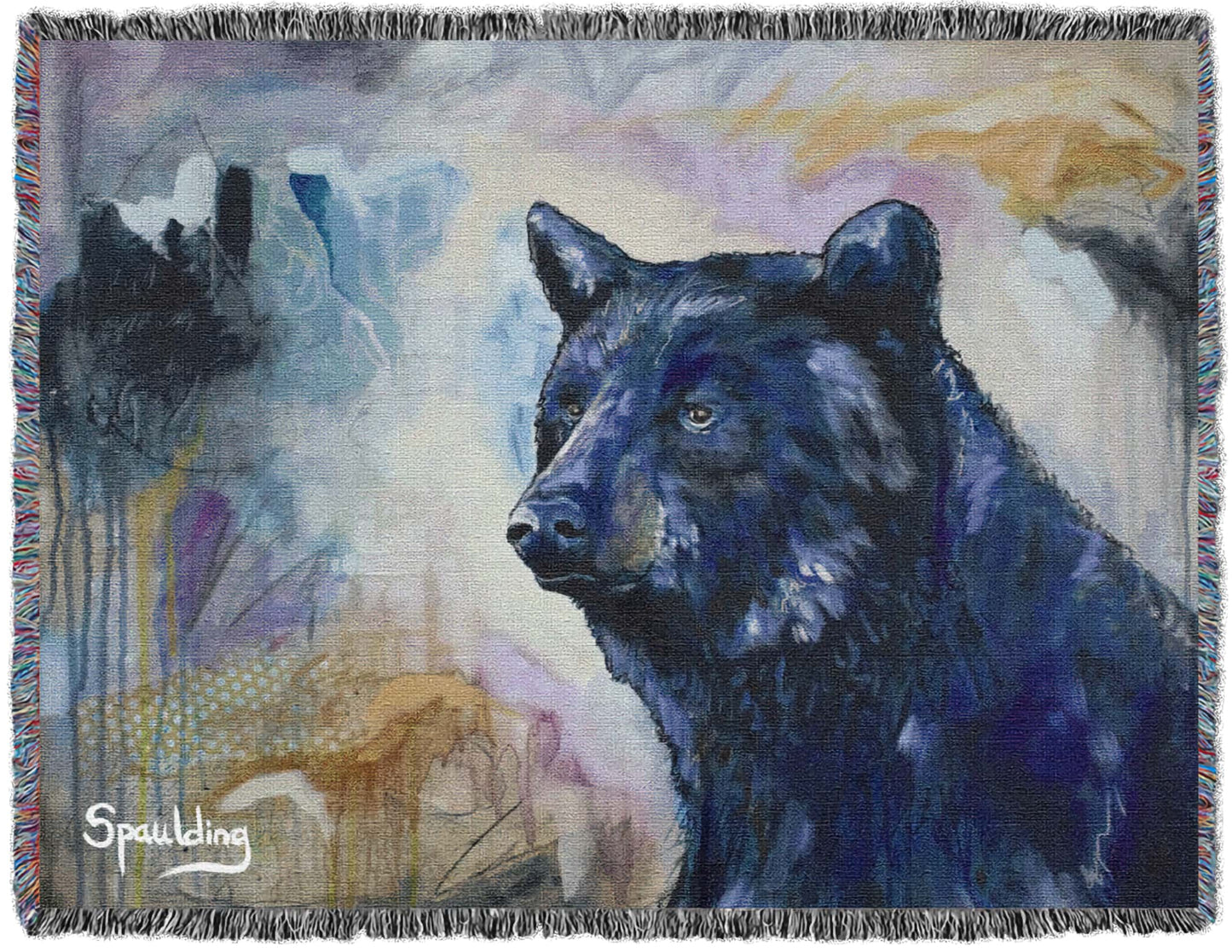 A painted tapestry depicting a black bear against an abstract, colorful background with blue and purple hues. The bear appears calm and contemplative.