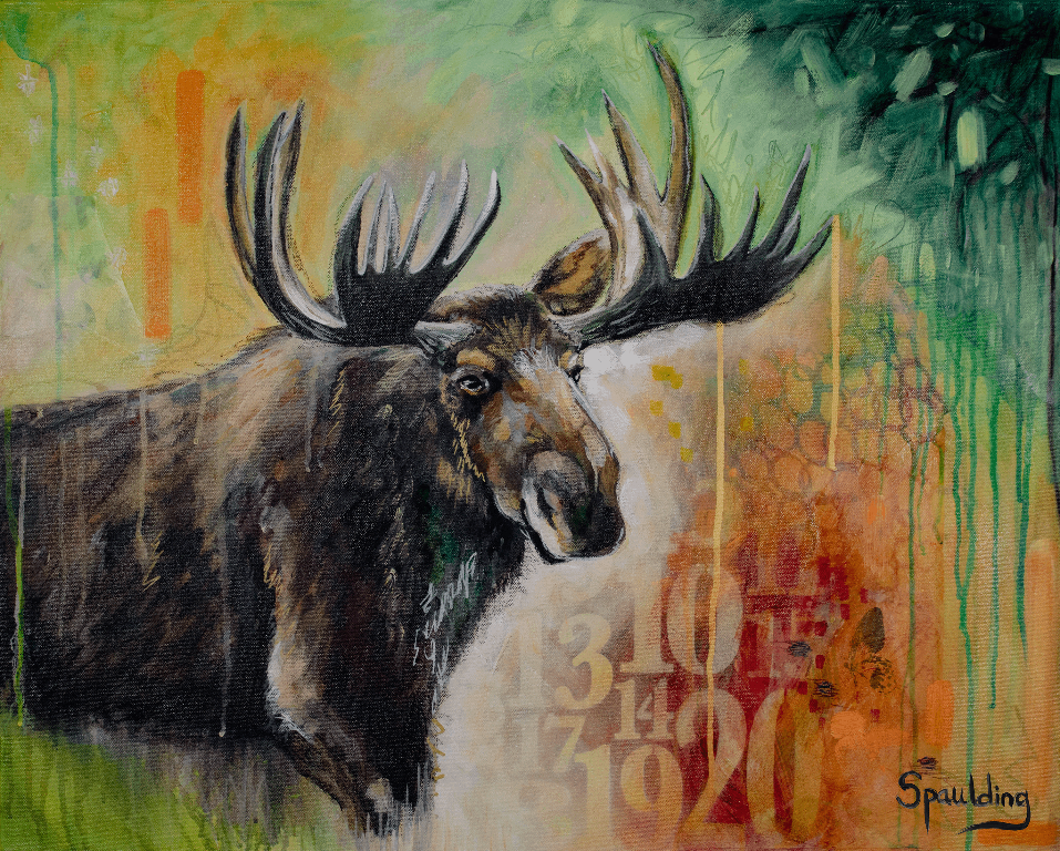 A colorful painting of a moose with large antlers against a textured background. Numbers and abstract patterns in green, yellow, and orange create a dynamic, vibrant atmosphere.