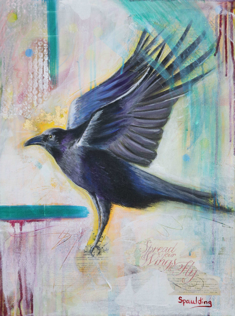 A vibrant painting of a black crow with outstretched wings against a colorful abstract background of blues, yellows, and pinks. Text reads "Spread your wings and fly."