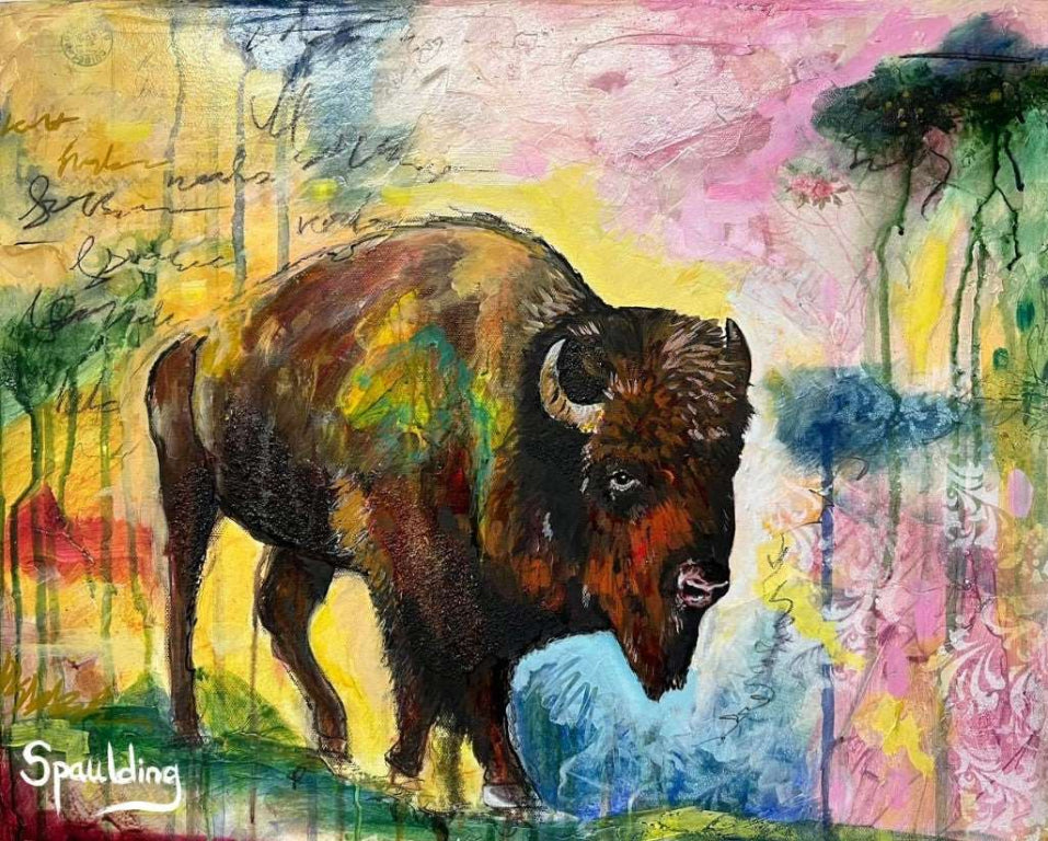 Painting of a bison on a vibrant, abstract background with swirling colors of yellow, pink, and blue. Text and trees appear faded in the background.