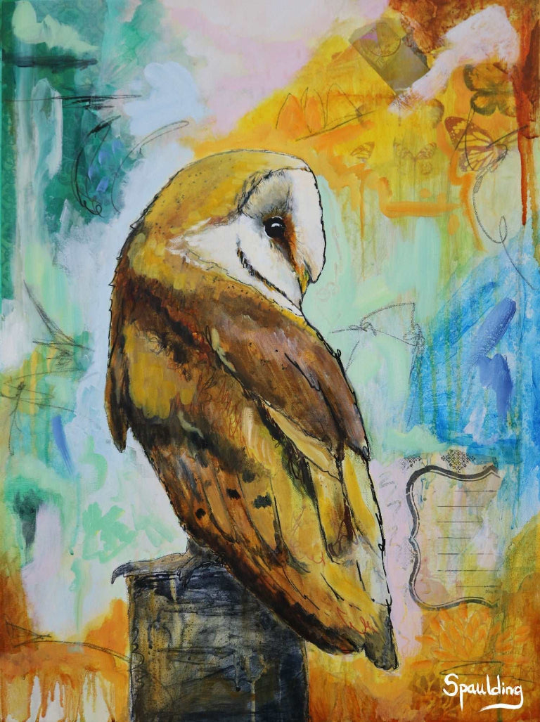 A barn owl perches on a post, blending into a vibrant abstract background with swirls of green, blue, and orange, conveying tranquility and mystique.