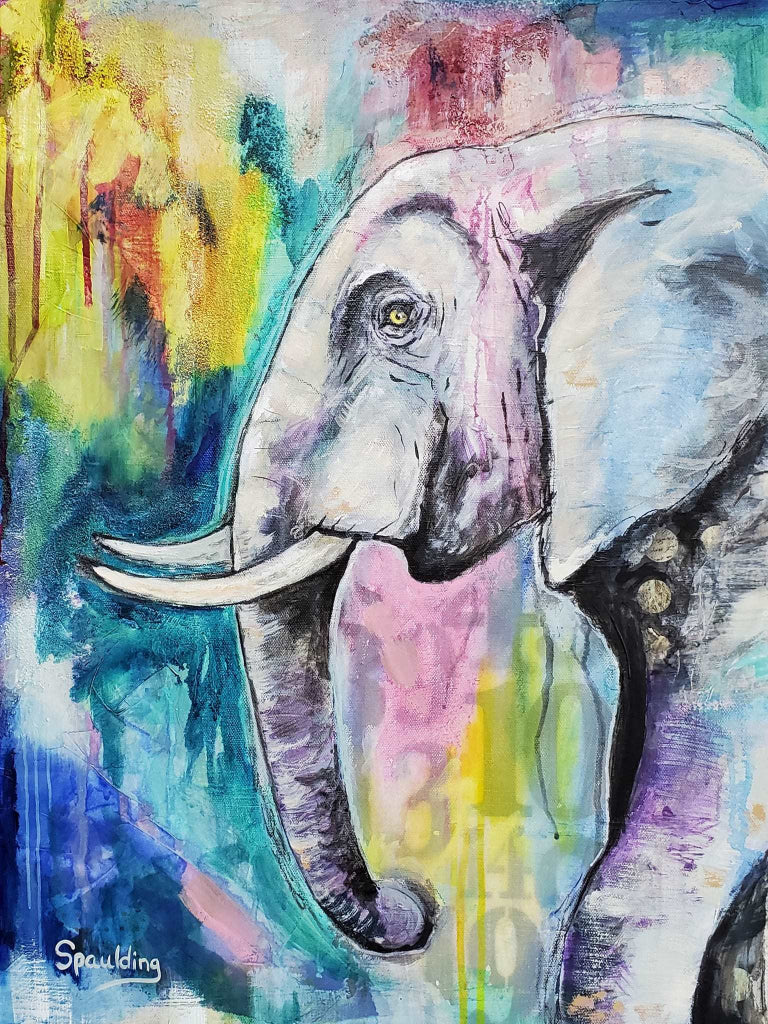 A vibrant painting of an elephant with a pink and purple hue against a colorful abstract background. The mood is lively and artistic.