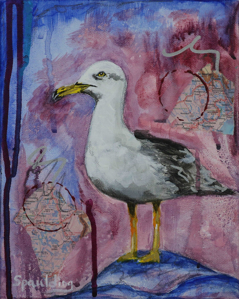 A seagull with a bright yellow beak stands on a blue rock against a pink and purple abstract background. Maps and paint splashes add texture.