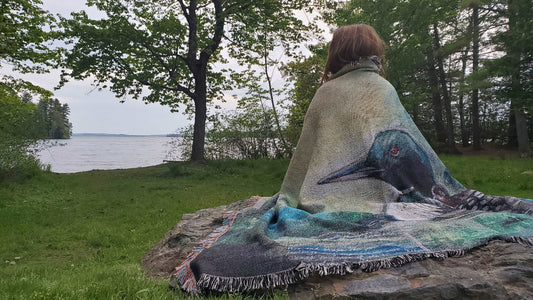 A person sits on a rock by a lake, wrapped in a blanket with a bird design. Surrounded by trees, the scene feels calm and introspective.