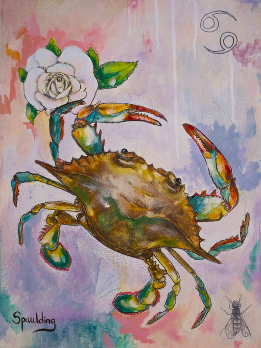 Painting of crab with white rose with outline drawing of wasp background of abstract pinks purple of light blues 