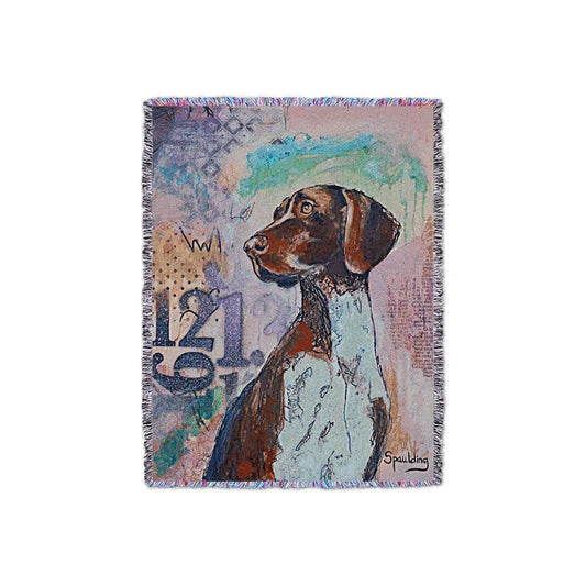 German Shorthair Pointer portrait woven throw: Peach, teal, & yellow background. Cozy comfort meets elegant decor for dog lovers.