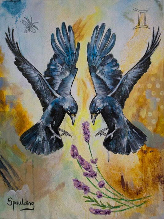  Original painting: Gemini symbolism with two black birds, lavender flowers, lightning bug. Muted blue, yellow. Perfect for zodiac enthusiasts.