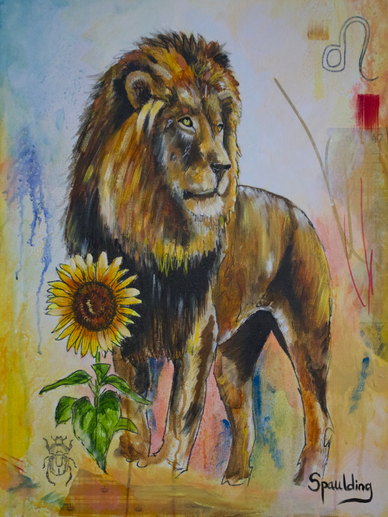 Painting of male lion standing with sunflower and drawing outline of beetle background is abstract colors of blue yellow and some red