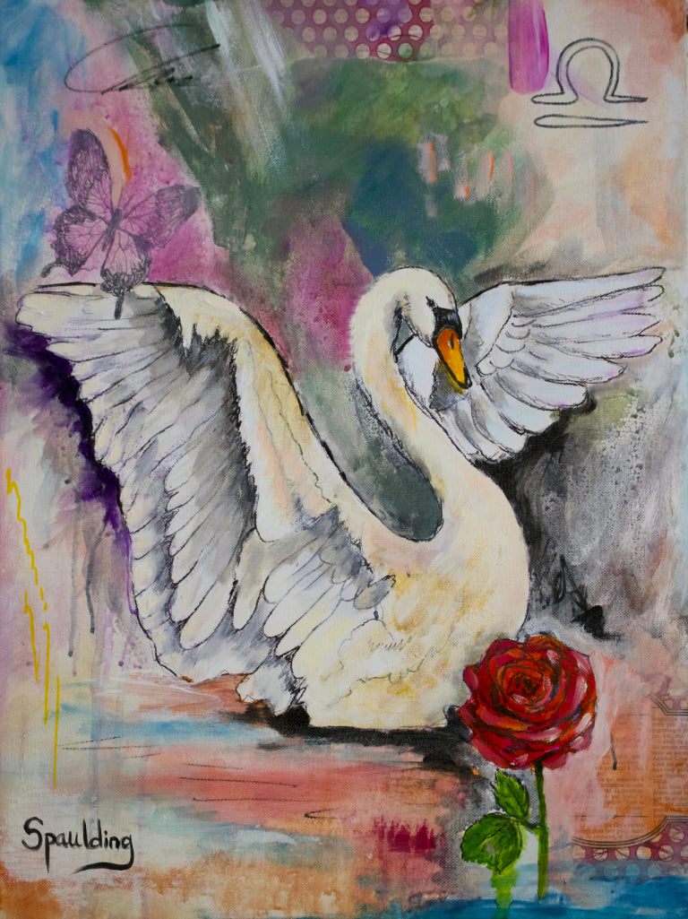Painting of White Swan with red rose with outline drawing abstract background with peach and green and pink colors