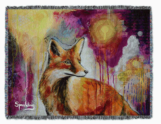 Fox with vivid magenta, reds, and yellows color scheme woven throw blanket: Nature-inspired comfort for wildlife enthusiasts.