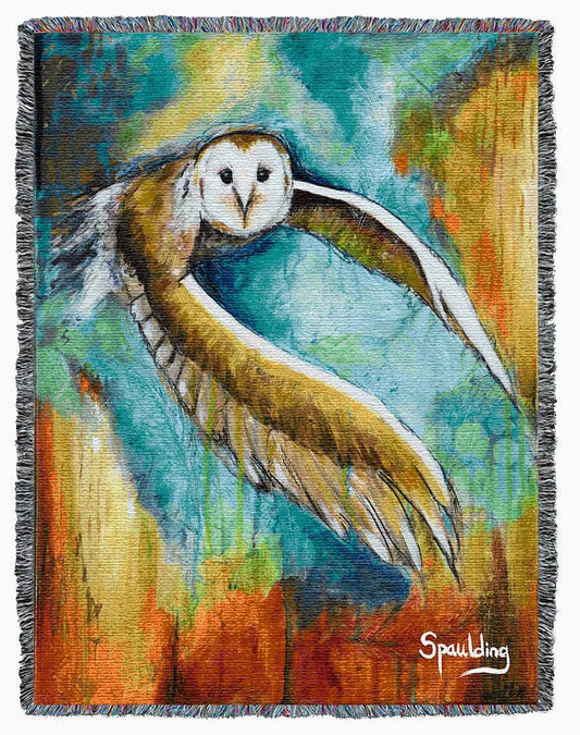 White and brown owl bird, teal, yellows, and orange color scheme woven throw blanket: Nature-inspired comfort for bird enthusiasts.