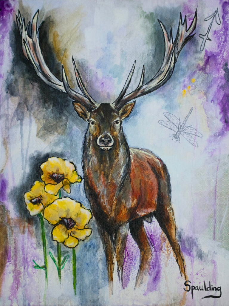Painting of Red Stag deer with antlers yellow flowers and dragonfly drawing outline  abstract muted light purple background