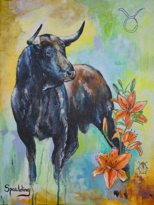 Original painting: Taurus symbolism with bull, lily flowers, ladybug. Muted blue, yellow, light green. Perfect for zodiac fans.