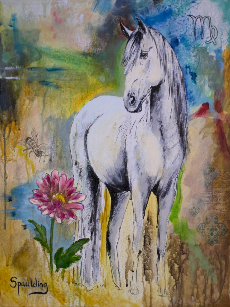 Painting of white horse with pink flower drawing outline of a bee background is abstract colors of blue green yellow and brown 