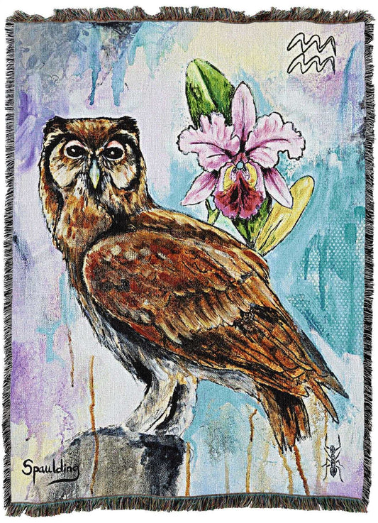 An owl perched on a rock with a pink orchid and green leaves in the background. The watercolor style uses blues and purples, creating a serene tone.