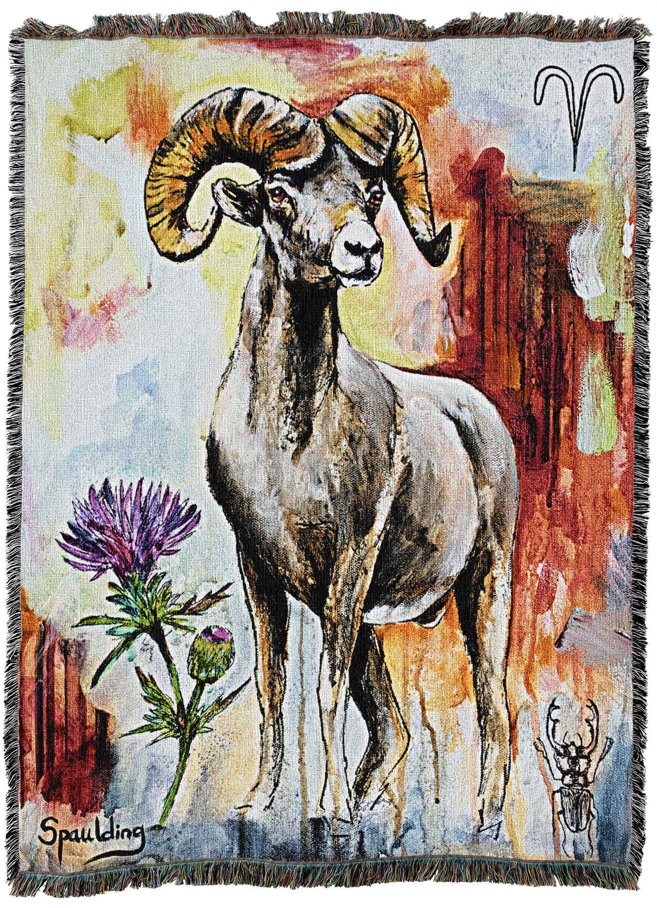 A majestic ram stands proudly with large curved horns, set against a vibrant, abstract background. Nearby, a blooming purple thistle and small beetle add detail. Aries symbol in top right.