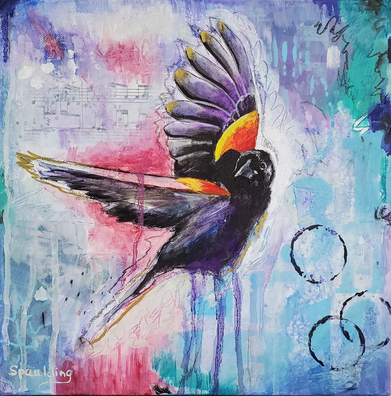 Colorful abstract painting of a bird in flight with vibrant wings against a mixed blue, red, and purple background, featuring circular patterns.