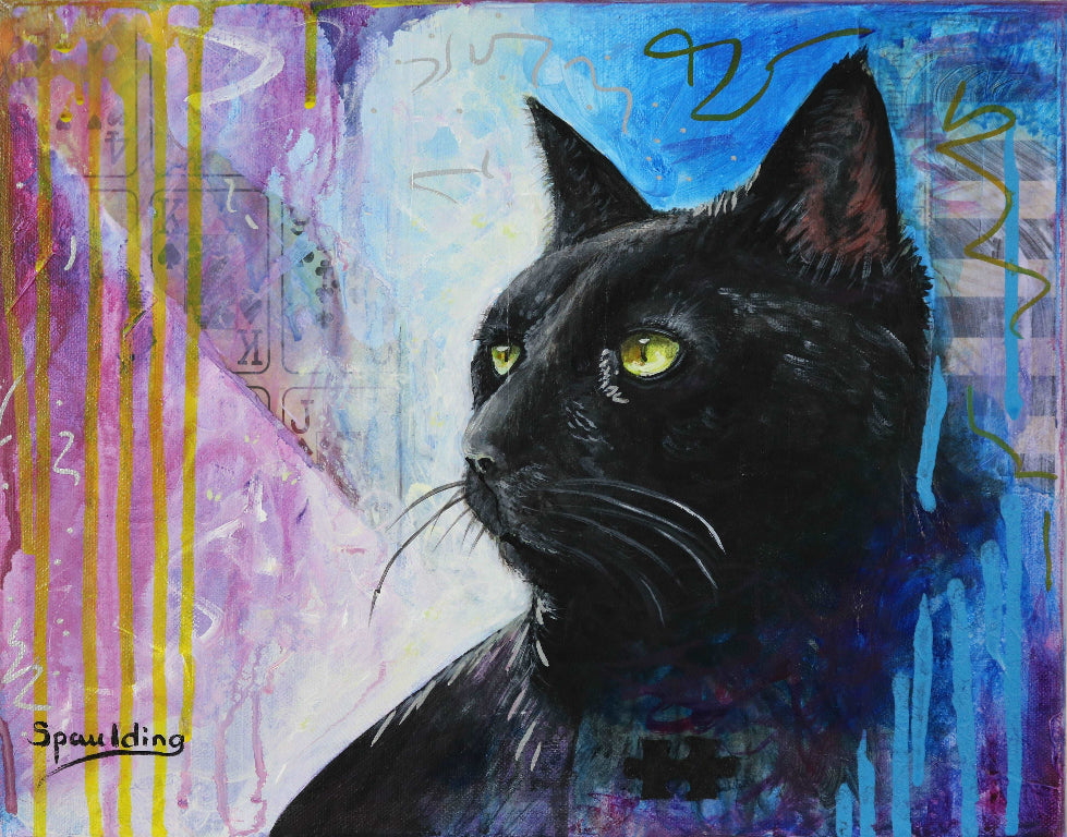 Painting of a black cat with vivid yellow eyes gazing to the side. Background features abstract swirls in blue, purple, and yellow, enhancing the mystical tone.