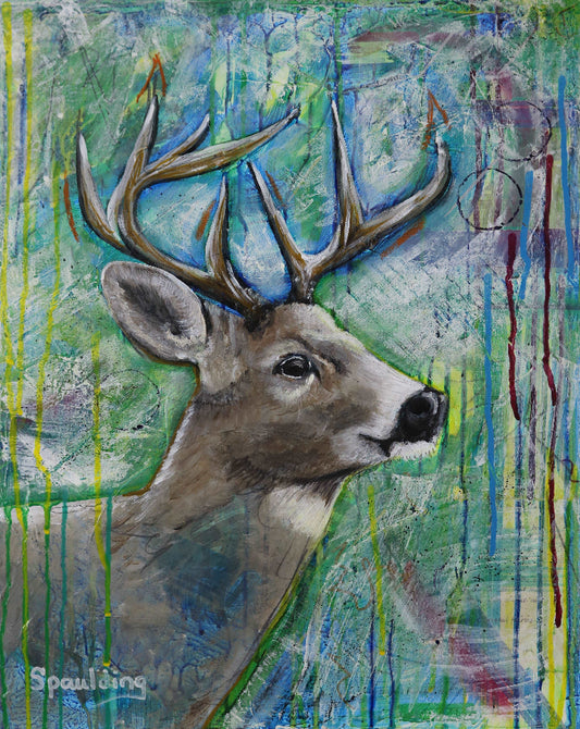 A vivid painting of a deer with large antlers set against an abstract green and blue background with yellow and purple streaks, conveying a blend of realism and modern art.