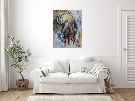 White sofa in a living room with a painting of a ram on the wall.