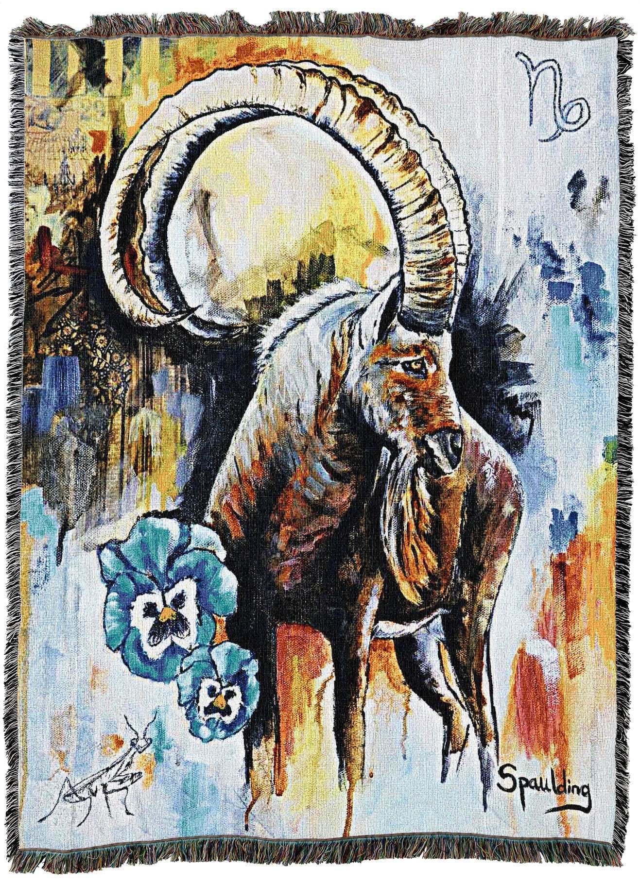 Abstract painting of a goat with large curved horns, surrounded by blue flowers. Earthy and cool tones with a textured, dynamic background. Capricorn symbol at the top.
