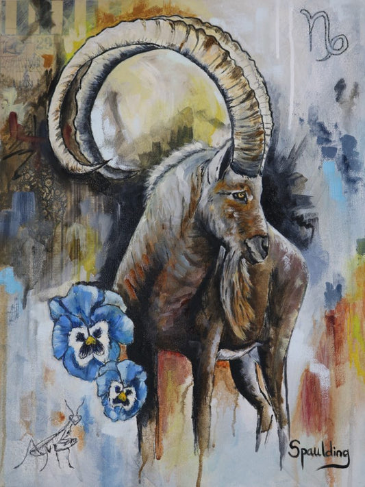 Painting of an ibex goat with long curved horns blue pansy flowers outline drawing of a grasshopper and a background with abstract grey black and light blue colors