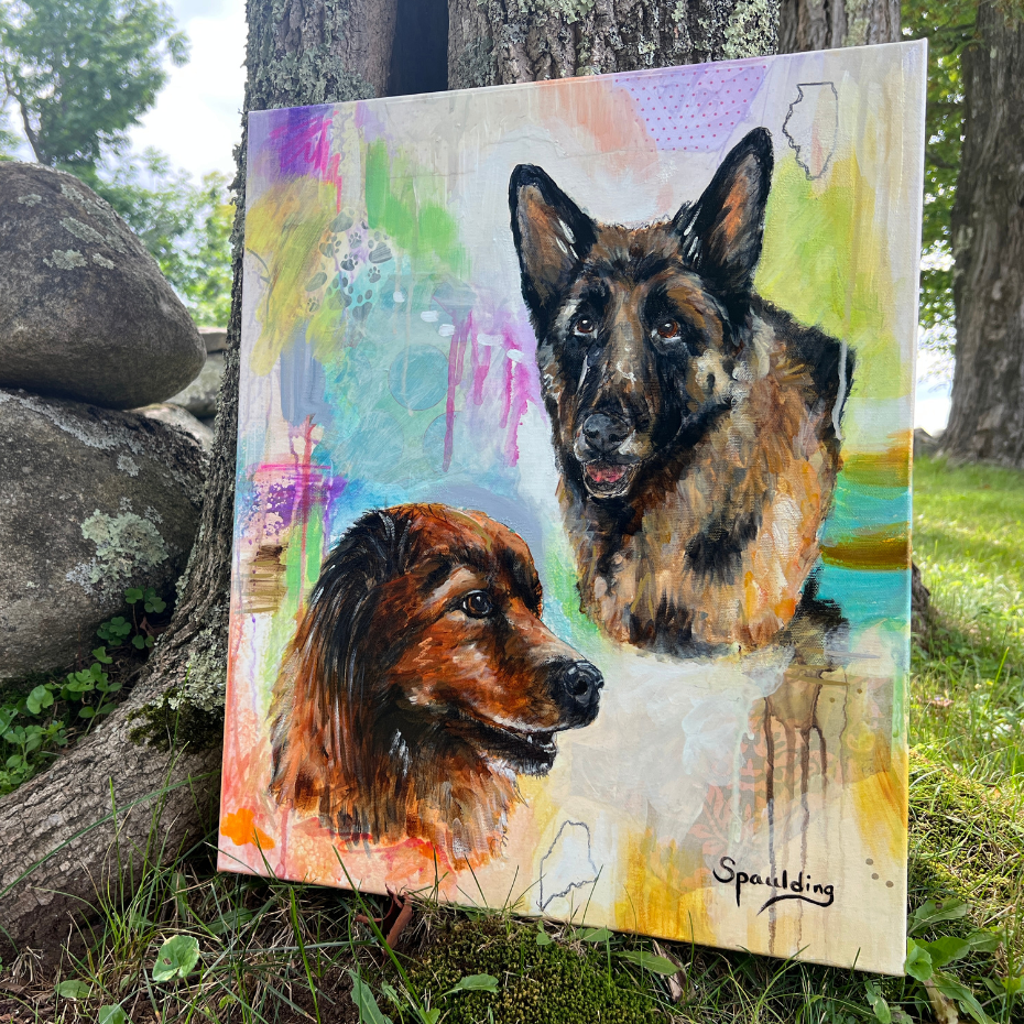 Colorful painting of two dogs leaning against a tree, set outdoors. The background features abstract hues of green, purple, and orange, conveying warmth.