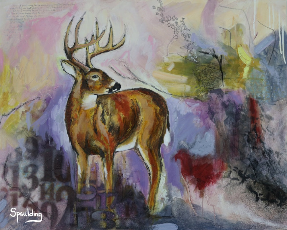 Painting of a majestic deer with large antlers against an abstract, colorful background. The scene conveys a peaceful, natural atmosphere.