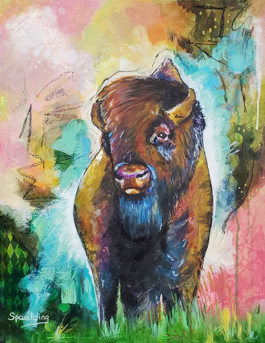 A vibrant painting of a bison stands against a colorful background of blues, pinks, and greens. The scene conveys a dreamy, dynamic energy.