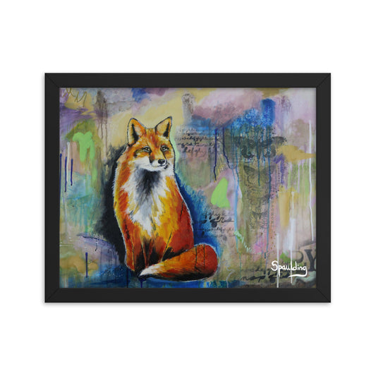 Red fox framed print: bushy tail, blue greens, and pinks. Lightweight and ready to hang. Perfect for nature lovers.