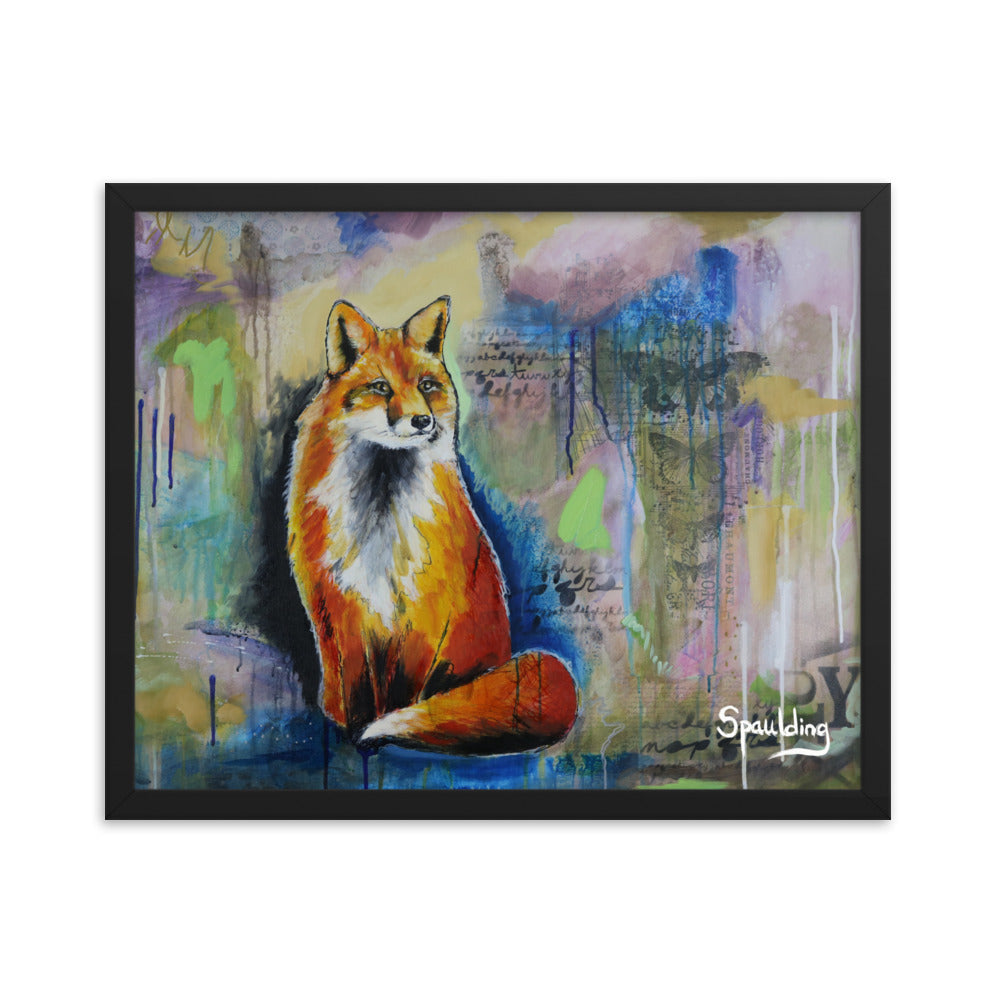 Red fox framed print: bushy tail, blue greens, and pinks. Lightweight and ready to hang. Perfect for nature lovers.