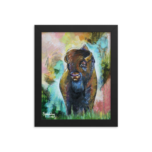Brown bison in green grass, pink, yellow, green background. Lightweight & ready to hang. Perfect for nature lovers."