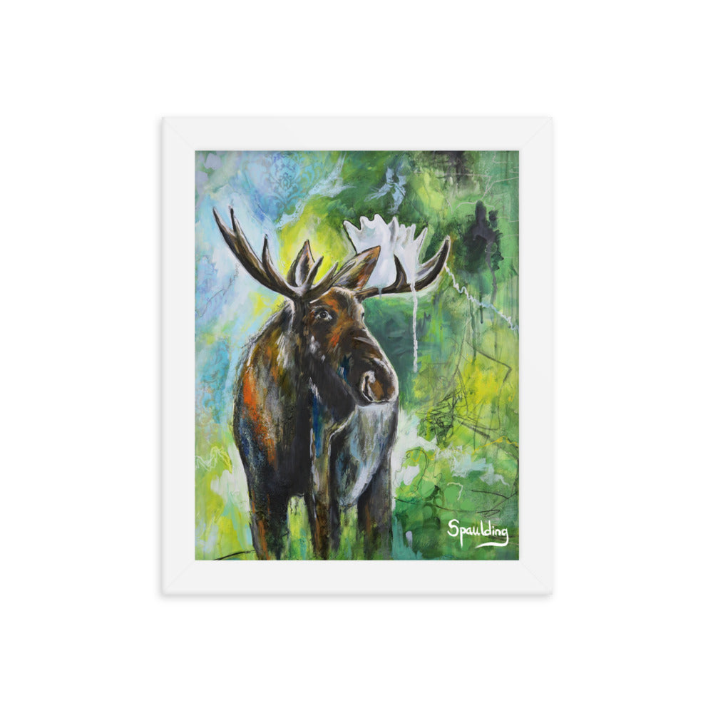 Brown Bull Moose framed print on green background. Perfect for wildlife enthusiasts. Lightweight, durable, and ready to hang