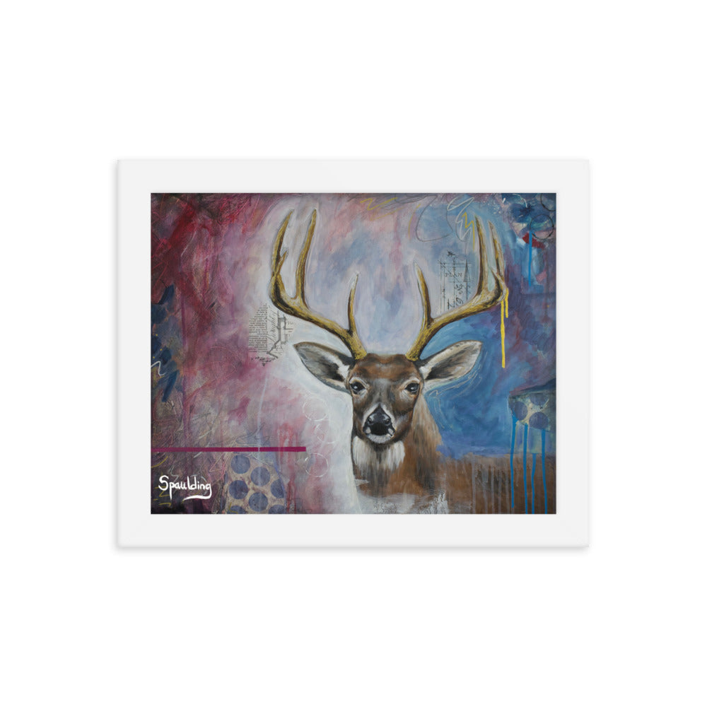 Whitetail deer framed print: brown & white deer with tan antlers on a dark red-pink & blue background. Perfect for wildlife lovers.
