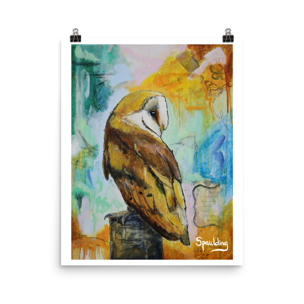 Paper art print of a barn owl on a tree stump with teals, pinks, oranges and blue in the background.