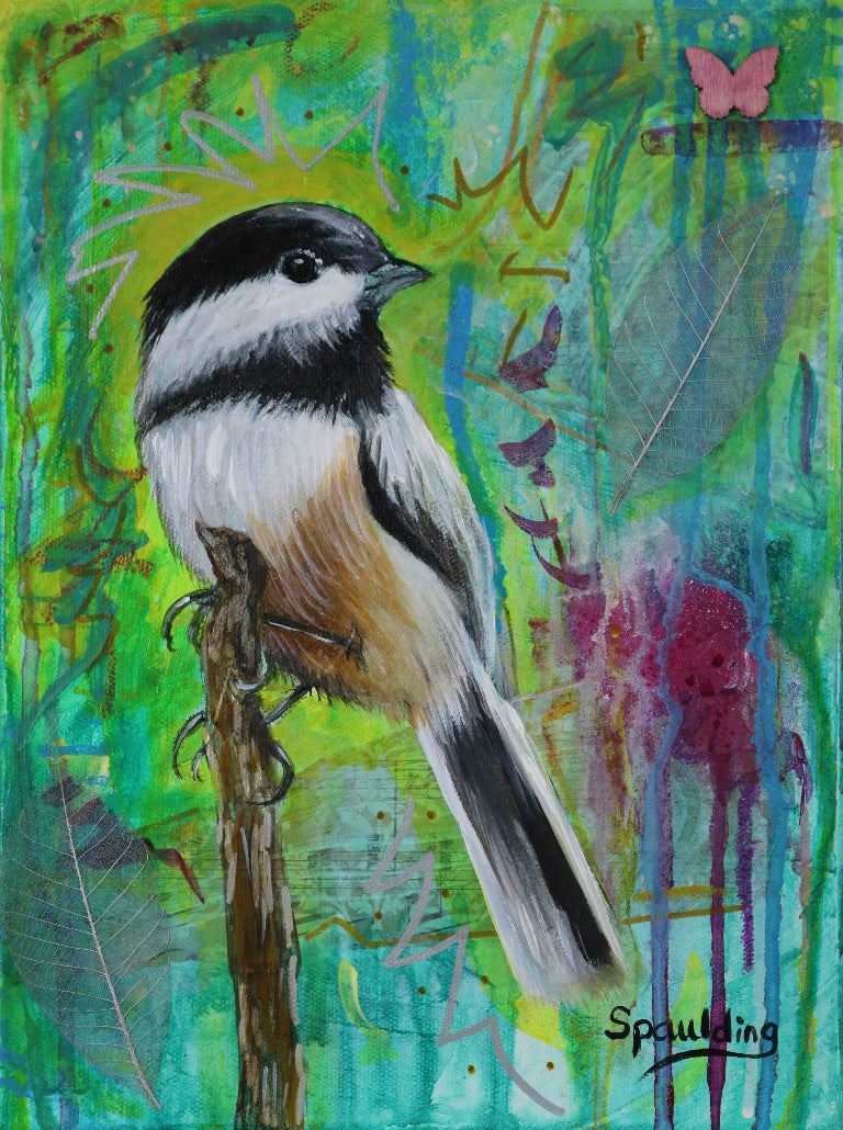 A vibrant painting features a chickadee perched on a branch against a lively green and blue abstract background, with hints of pink and a small butterfly.