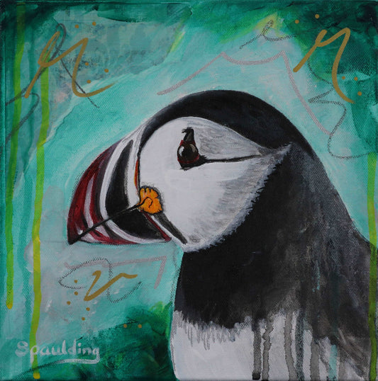 Painting of a puffin with a vibrant turquoise background, featuring abstract gold and green swirls. The puffin's expression is calm and serene.