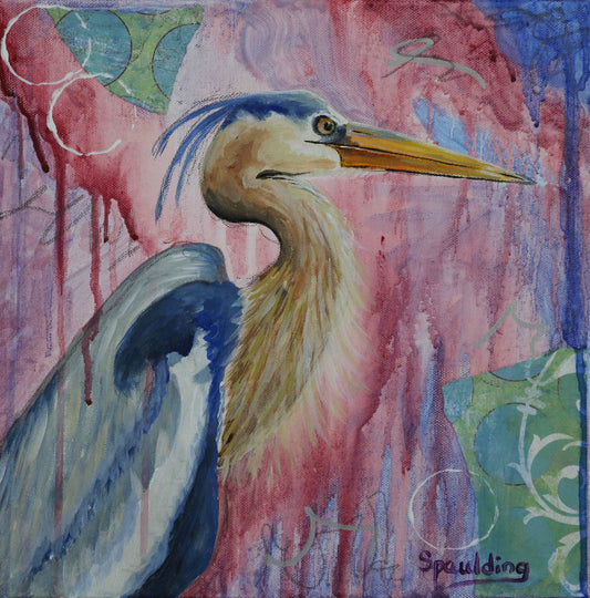 Painting of a heron with blue and white feathers and a long yellow beak, set against a vibrant pink background with abstract patterns and textures.