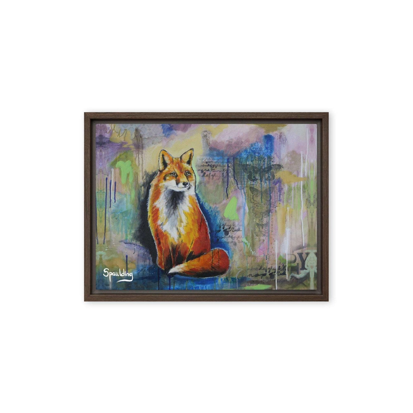 A framed canvas print of a red fox with a bushy tail sitting on a wall, surrounded by blue, green, and pink colors.